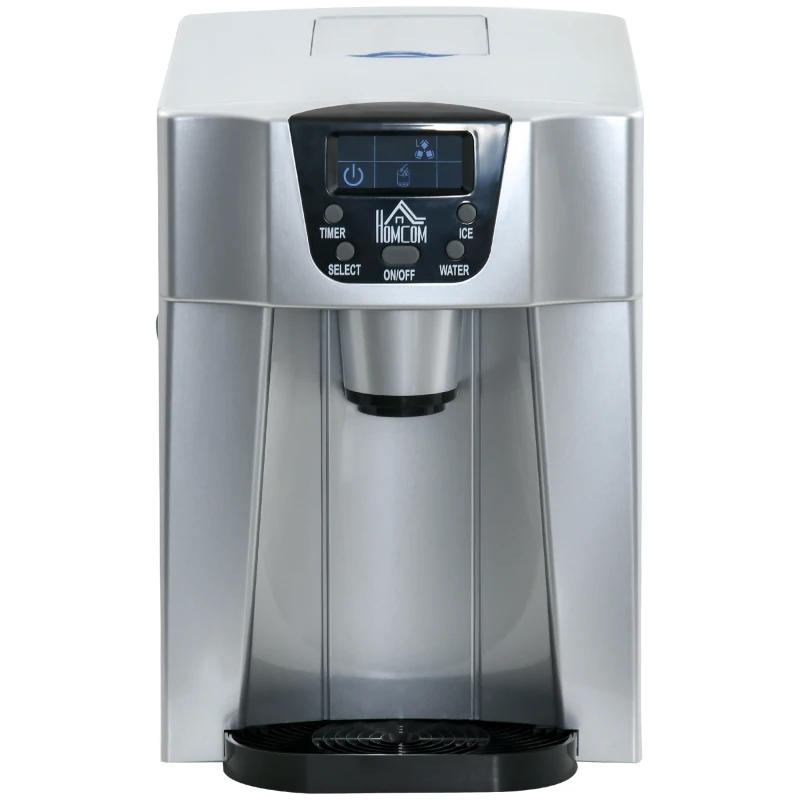 HOMCOM 3L Ice Maker Machine and Water Dispenser, 12kg in 24H, 2 Sizes 9 Ice Cubes Ready in 6-10 Mins Ice Machine, Silver
