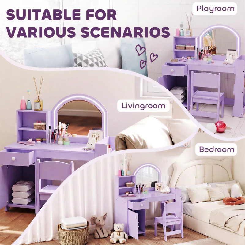 AIYAPLAY Kids Vanity Table and Chair Set, Girls Dressing Table with 2-Colour LED Mirror, Stool, Cabinet, Drawer, Shelves, Purple