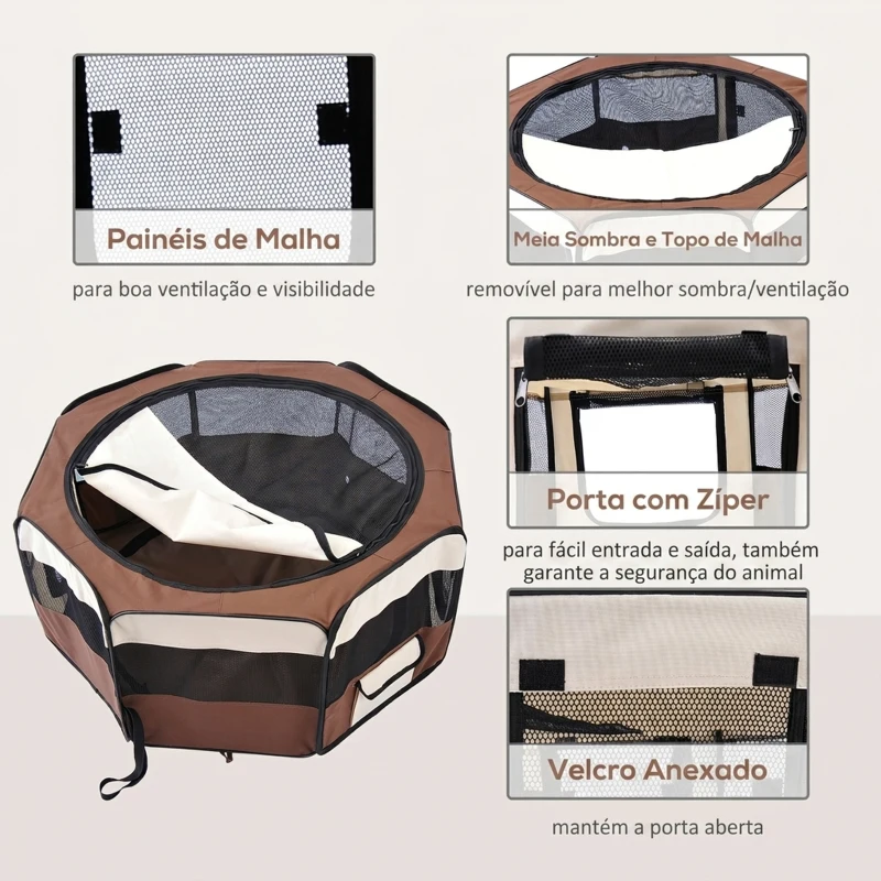 PawHut Parque Dobrável para Cães e Gatos, Cercado Portátil para Animais Pequenos em Tecido Oxford Impermeável, Ø90x41 cm, Castanho