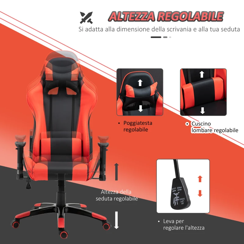 HOMCOM Sedia Gaming Professionale Girevole，Sedia da Ufficio Reclinabile con Sostegno Lombare e Collo PVC 67 x 67 x 123-132cm Nero-rosso