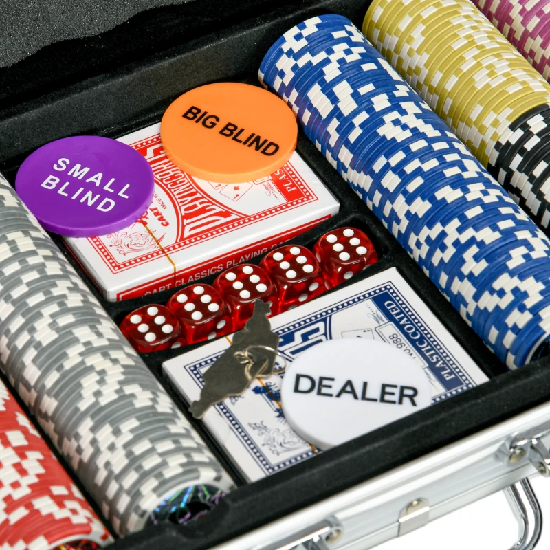 SPORTNOW Set de Póker con 500 Fichas 2 Barajas de Cartas Dados Tapete y Botón de Crupier Set de Casino Texas Hold'em con Maletín