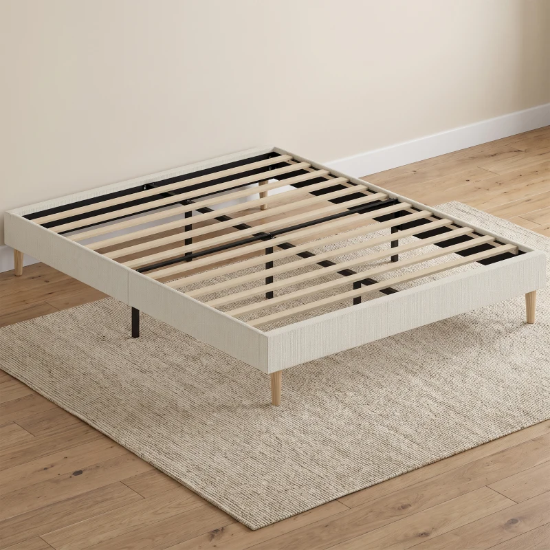 HOMCOM Estrutura de Cama 160 x 200 cm com Estrado, Cama de Casal Estofada em Veludo Cotelê, Espaço de Armazenamento por Baixo, Creme