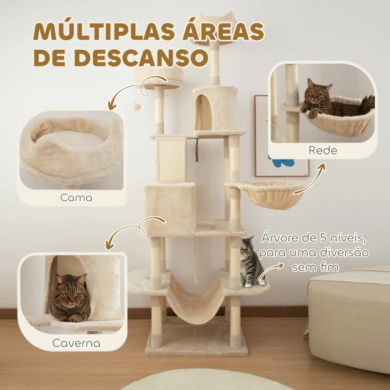 PawHut Arranhador para Gatos Grande Altura 173 cm Torre para Gatos com Plataformas Caverna Bolas Suspensa e Rede Bege