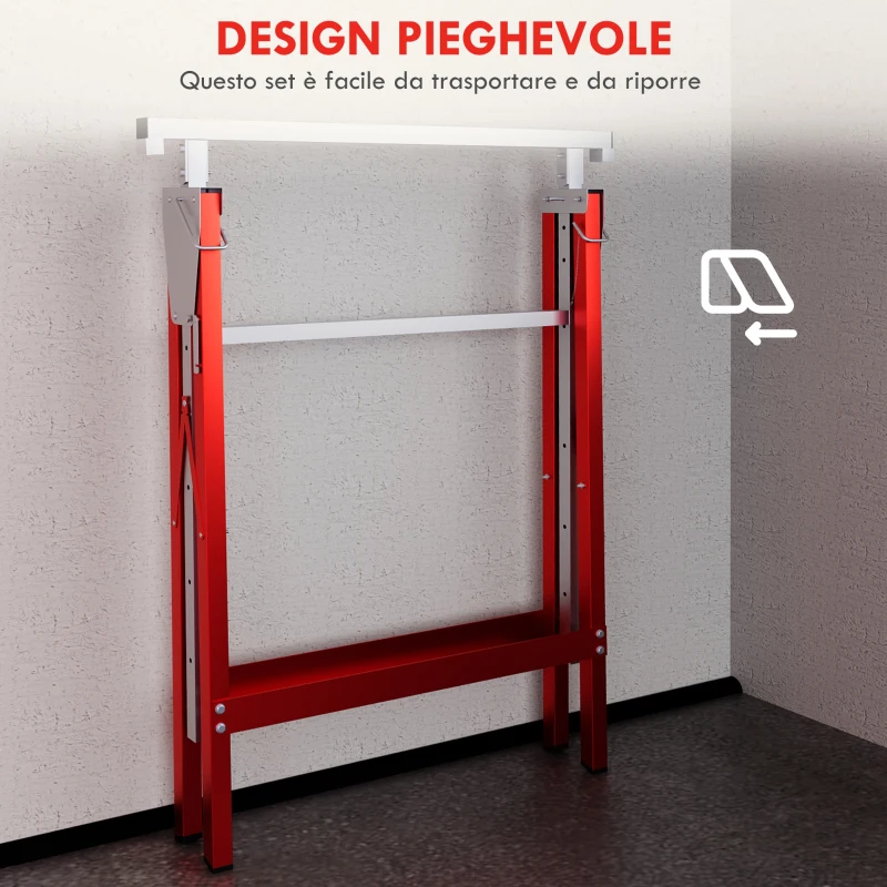 HOMCOM Set 2 Cavalletti da Lavoro Telescopici 80-130 cm Pieghevoli, in Acciaio Q195, 68x58x80 cm, Rosso e Argento