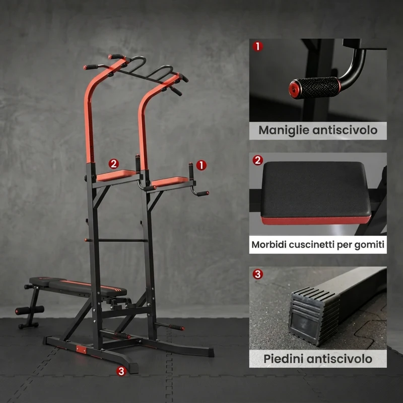 HOMCOM Power Tower Stazione per Allenamento Pieghevole e Multiuso con Barra Trazioni e Sedia Romana, 108x178x202-238cm