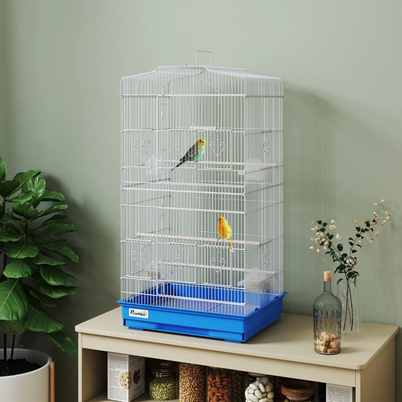 PawHut Gaiola para Pássaros Gaiola Metálica com 4 Tigelas de Comida 3 Poleiros Baloiço e Bandeja Removível Pega 46,5x35,5x92 cm Azul
