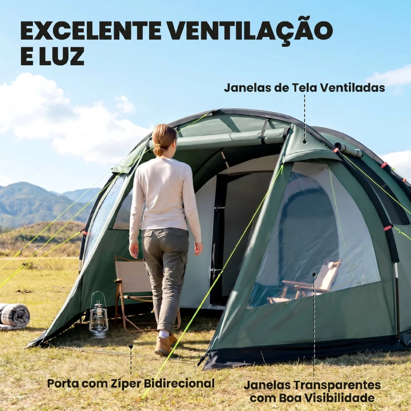 Outsunny Tenda de Campismo para 3-4 Pessoas Impermeável PU2000 mm com Proteção UV30+ Janelas e Bolsa de Transporte 475x264x172 cm Verde