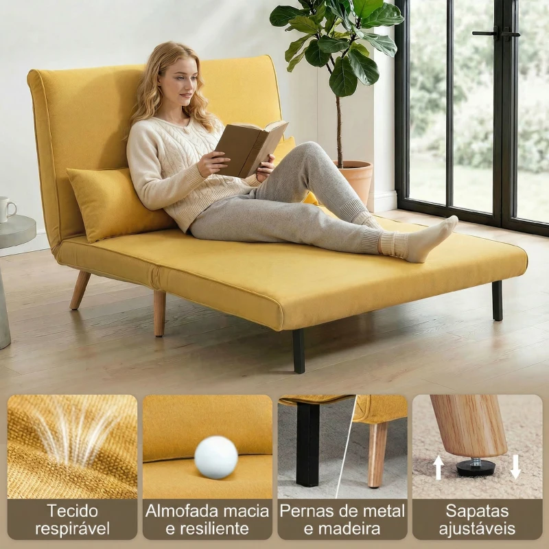 HOMCOM Sofá-Cama de 2 Lugares Dobrável Estofado em Linho com Encosto Ajustável em 5 Posições e 2 Almofadas Amarelo