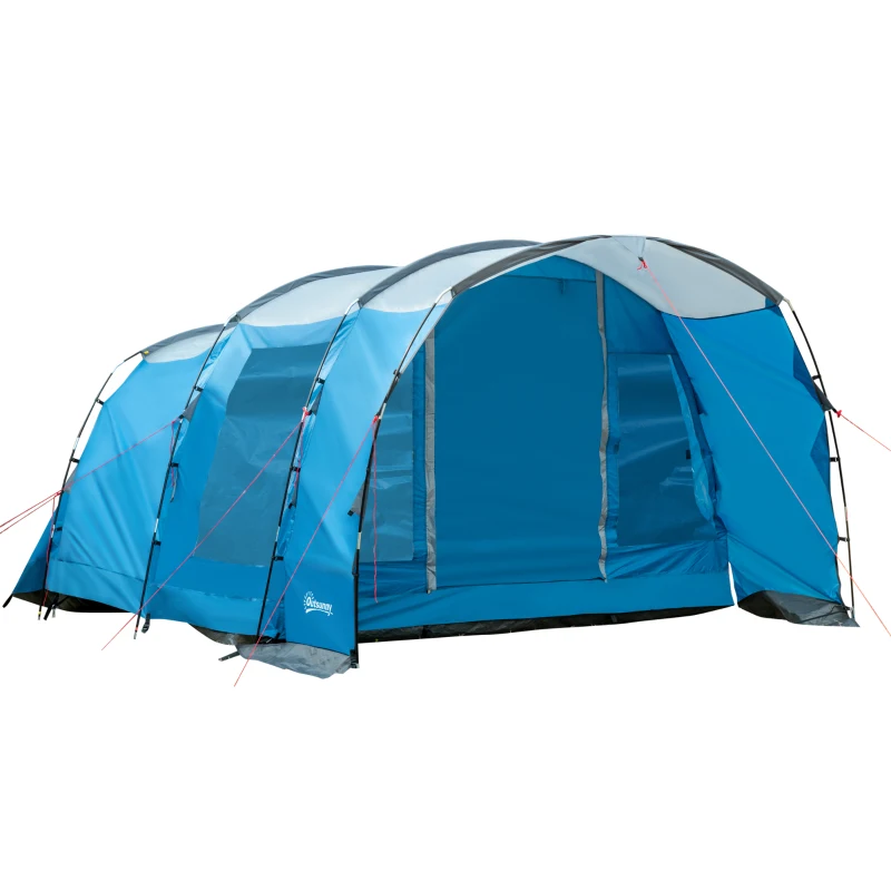 Outsunny Campingtent voor 5 personen, 2 kamers, verwijderbaar tussenschot, weerbestendig, incl. transporttas, blauw+zwart