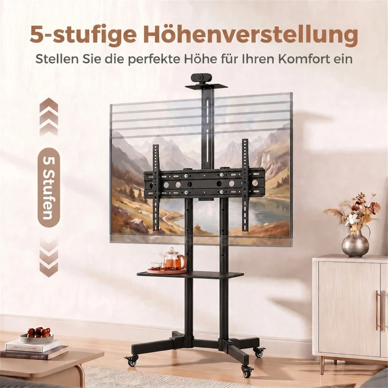 HOMCOM Mobiele tv-standaard op wielen voor 32-75 inch, kantelbaar en in hoogte verstelbaar, met vergrendelbare wielen, zwart