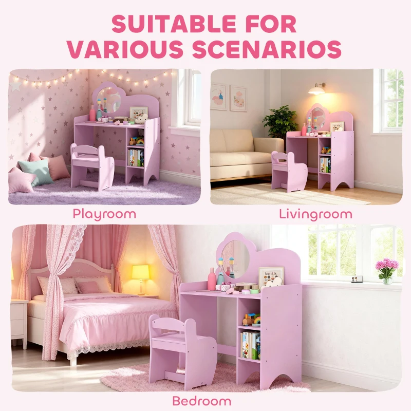 AIYAPLAY Kids Dressing Table with Mirror, Stool, Kids Vanity Table with Shelves, for Ages 3-8 Years, Purple