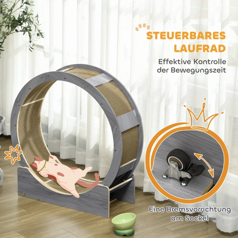 PawHut Kattenlooprad, 91 cm met Rem en Krabmat, voor Actieve en Gezonde Kattenbeweging, Grijs