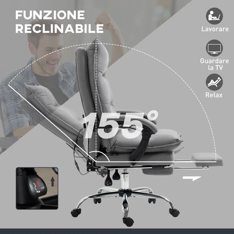 Vinsetto Poltrona da Ufficio Massaggiante e Riscaldata, Reclinabile a 155° con Poggiapiedi Estensibile, Grigio