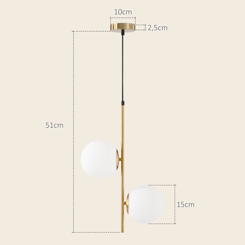 HOMCOM Lampada a Sospensione con 2 Paralumi in Vetro e Filo Regolabile, in Metallo, 32x15x51 cm, Bianca e Oro