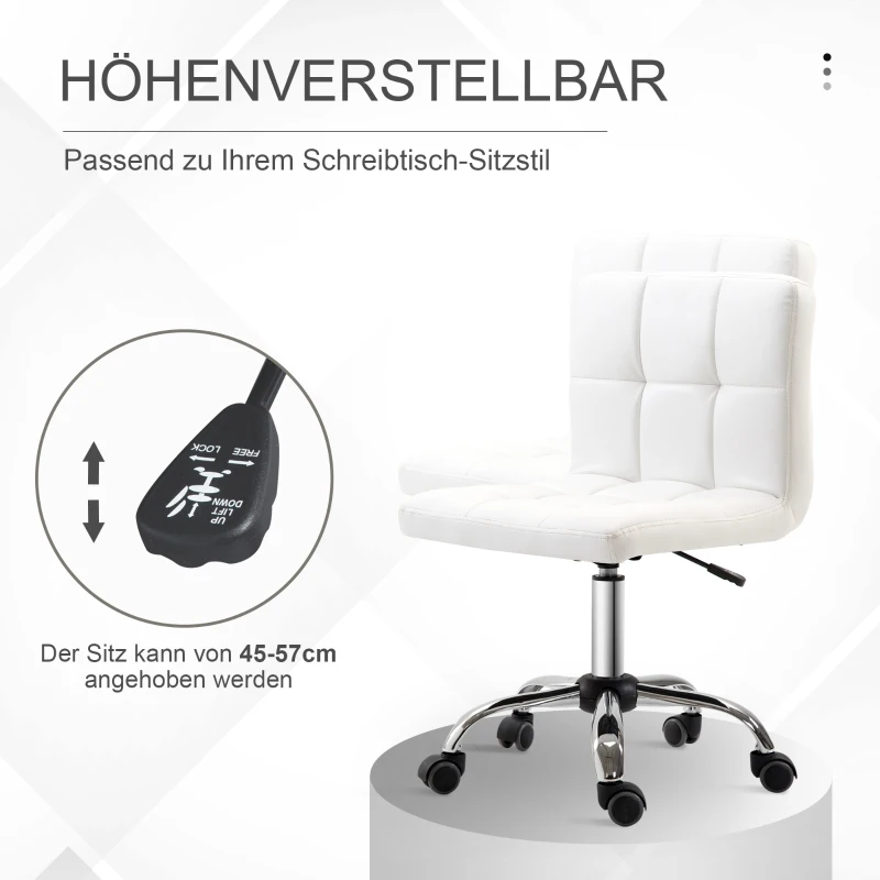 HOMCOM Bureaustoel, Draaibaar, Kunstleer, Stalen Structuur, 5 Wielen, Gepolsterd, Wit