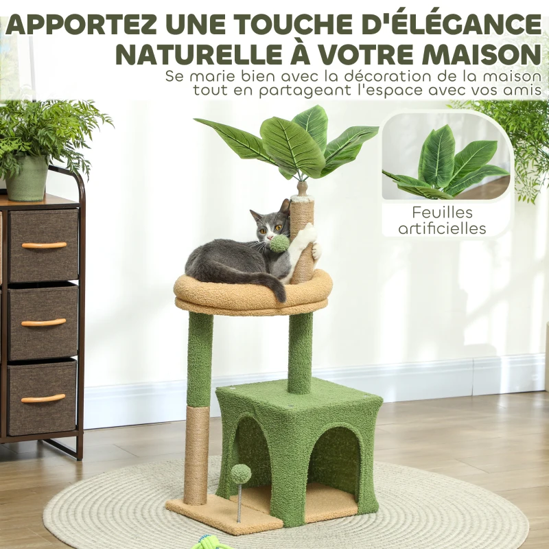 PawHut Arbre à chat tour de jeux pour chat avec niche lit griffoirs balles et feuilles artificielles 44 x 30 x 98 cm vert