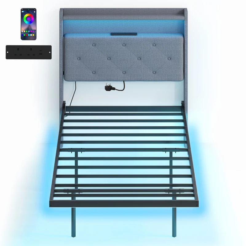 HOMCOM Floating Bed Frame, Upholstered 3ft Single Size Bed, Platform Bed with RGB LED Lights and Charging Station, Grey