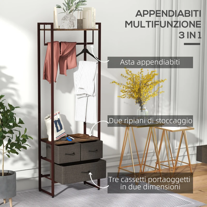 HOMCOM Appendiabiti da Terra con Asta, 3 Cassetti e Ripiani, in Legno MDF e Acciaio, 58.5x30x178 cm, Marrone