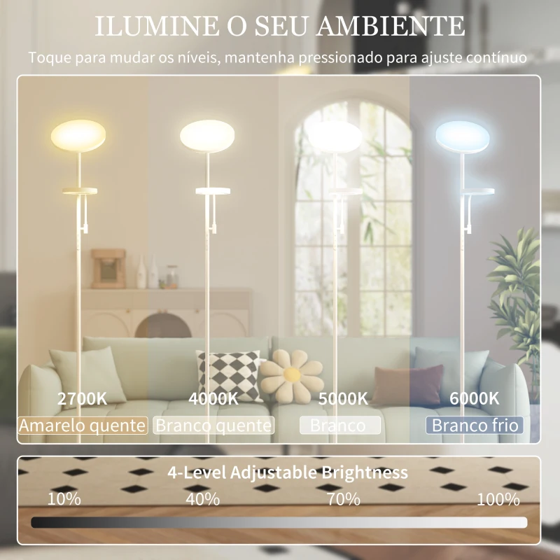 HOMCOM Candeeiro de Pé 42W Giratório com Controlo Remoto e Táctil Temperatura de Cor e Brilho Ajustáveis Ø25x175 cm Branco
