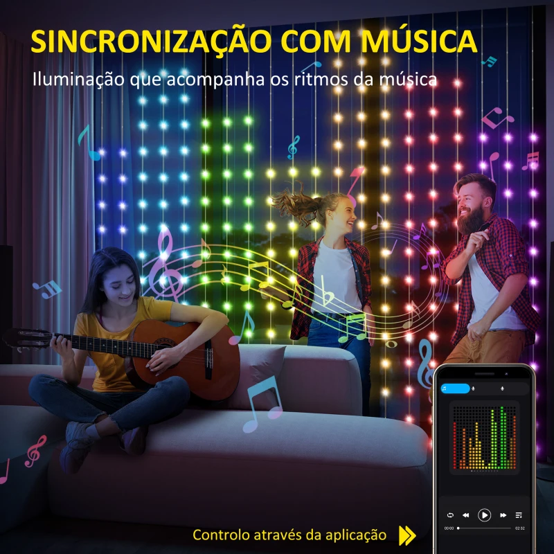 HOMCOM Cortina de Luzes 3x3 m Cortina de Luzes LED Inteligente com 400 Luzes LED RGBIC Sincronização com Música