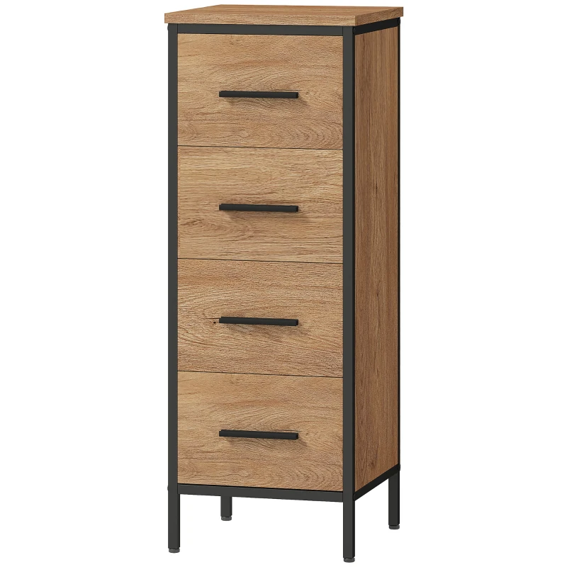 HOMCOM Armário de Casa de Banho Móvel para Casa de Banho Estreito com 4 Gavetas e Estrutura em Aço 30x30x82 cm Madeira e Preto