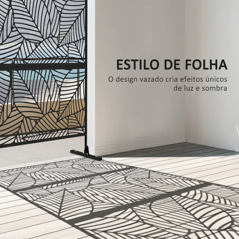 Outsunny Biombo de 3 Painéis 122x198 cm Biombo Separador de Ambientes com Suporte Design de Folhas Grandes Preto