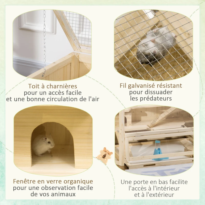 PawHut Cage à hamster à 3 niveaux bascules, fenêtres, cabanes, plateau coulissant, 115 x 60 x 55 cm, effet bois naturel