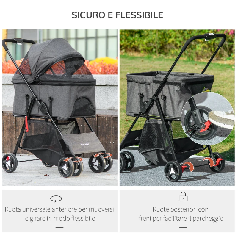 PawHut Passeggino per Cani 3 in 1 Convertibile in Borsa e Trasportino con Guinzaglio e Cuscino, Grigio