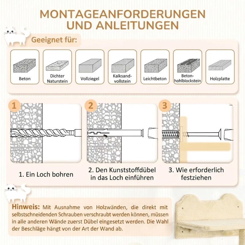PawHut Kletterstufen, Kletterwand, Katzentreppe, 4-tlg. Set, mit Kratzbaum, Hängematte, beige+cremeweiß, 40 x 28 x 73cm