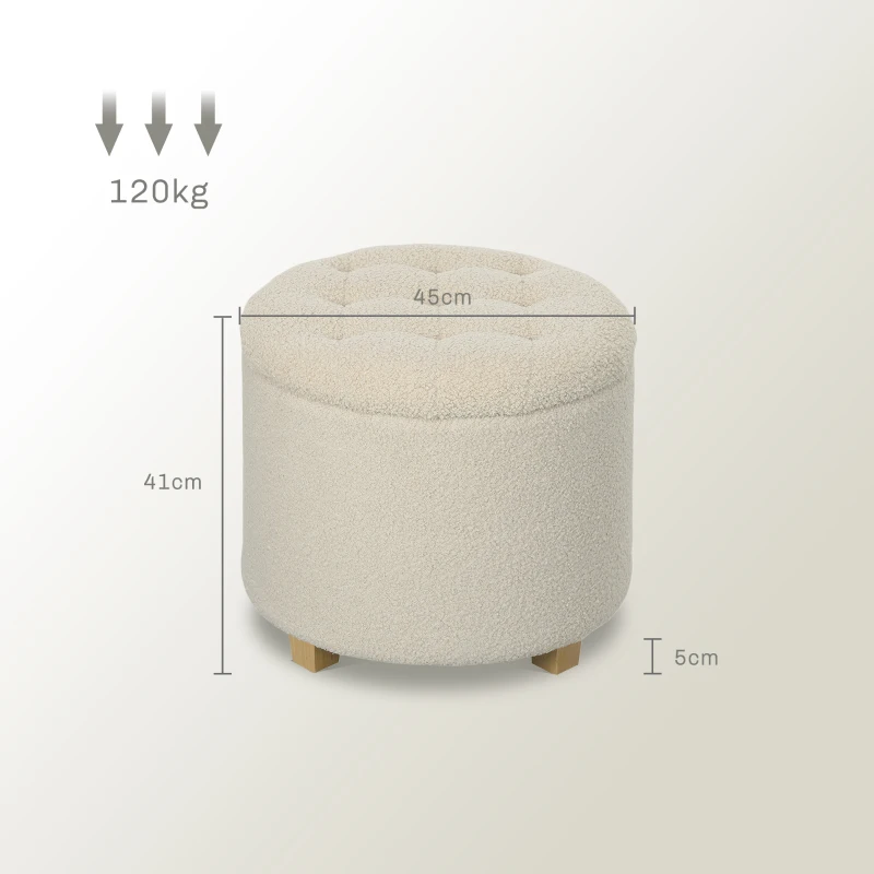 HOMCOM Ronde Kruk met Opbergruimte, Deksel en Houten Poten, Voetenbankje voor Woonkamer, Hal, Slaapkamer, Crèmewit