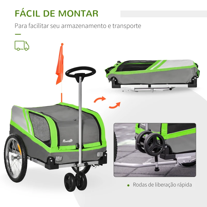PawHut Reboque de Bicicleta para Cães 2 em 1 Carrinho para Animais de Estimação com Porta Enrolável Cinto de Segurança Bandeira e Refletores 130x64x92cm Verde e Cinza