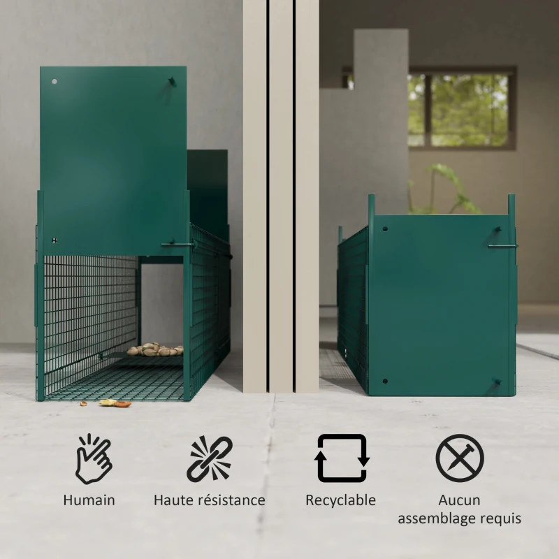 PawHut Piège Vivant Cage Attrape 100 x 25 x 28 cm Piège Fouine pour Martres, Rats, Souris - 2 entrées + poignée - métal vert