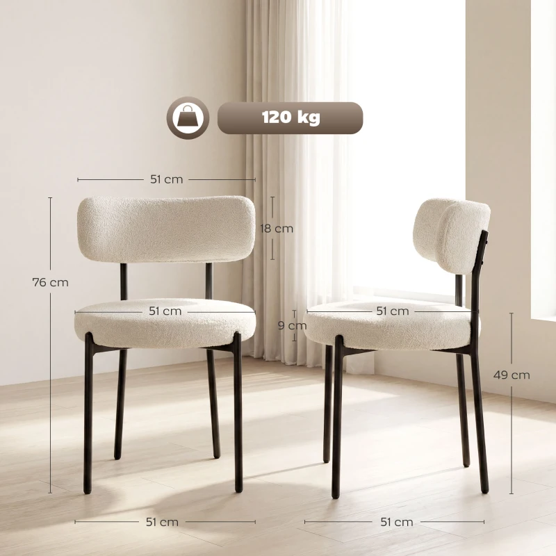 HOMCOM Lot de 4 Chaises Salle à Manger Chaises de Cuisine Rembourrées en Tissu Bouclette Dossier Incurvé Pieds en Acier Beige