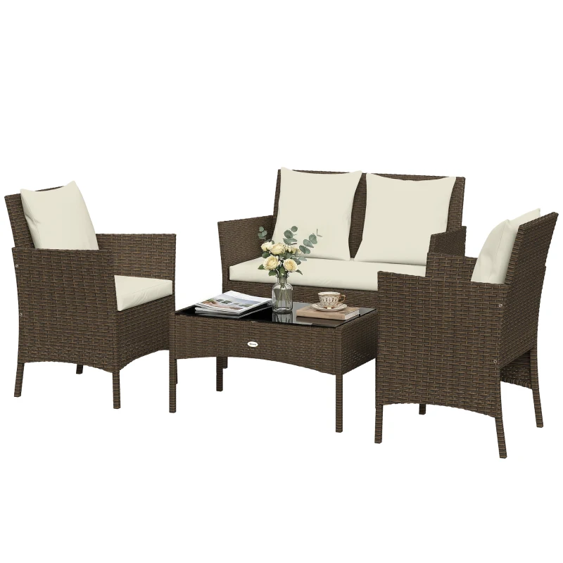 Outsunny Conjunto de Jardim em Vime com 4 Peças Inclui Sofá de 2 Lugares 2 Cadeiras Mesa de Vidro e Almofadas Laváveis Castanho