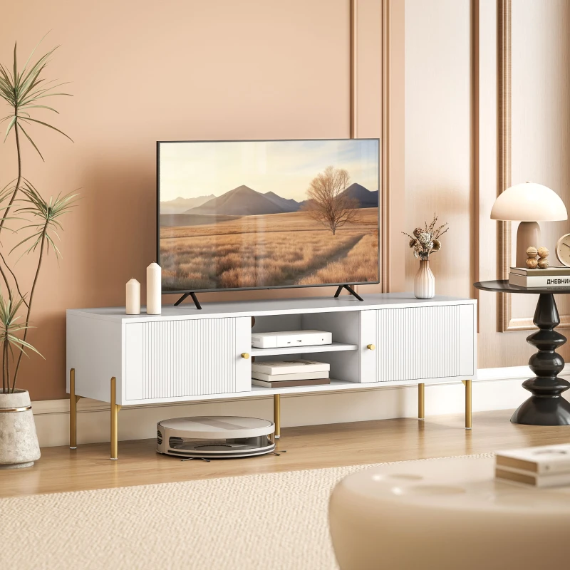 HOMCOM Meuble TV, meuble télé jusqu'à 65 pouces avec 2 portes, 2 compartiments ouverts, pieds en acier, 140x38x45,9cm, blanc