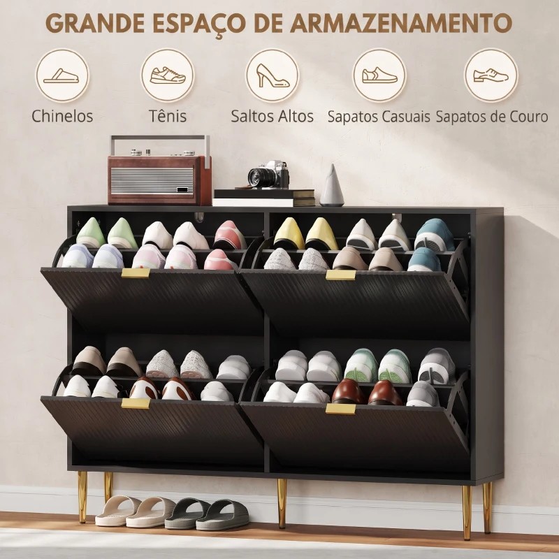 HOMCOM Sapateira Estreita com 4 Portas Caneladas e Estantes Ajustáveis para 20 Pares 105x24x91,5 cm Preto