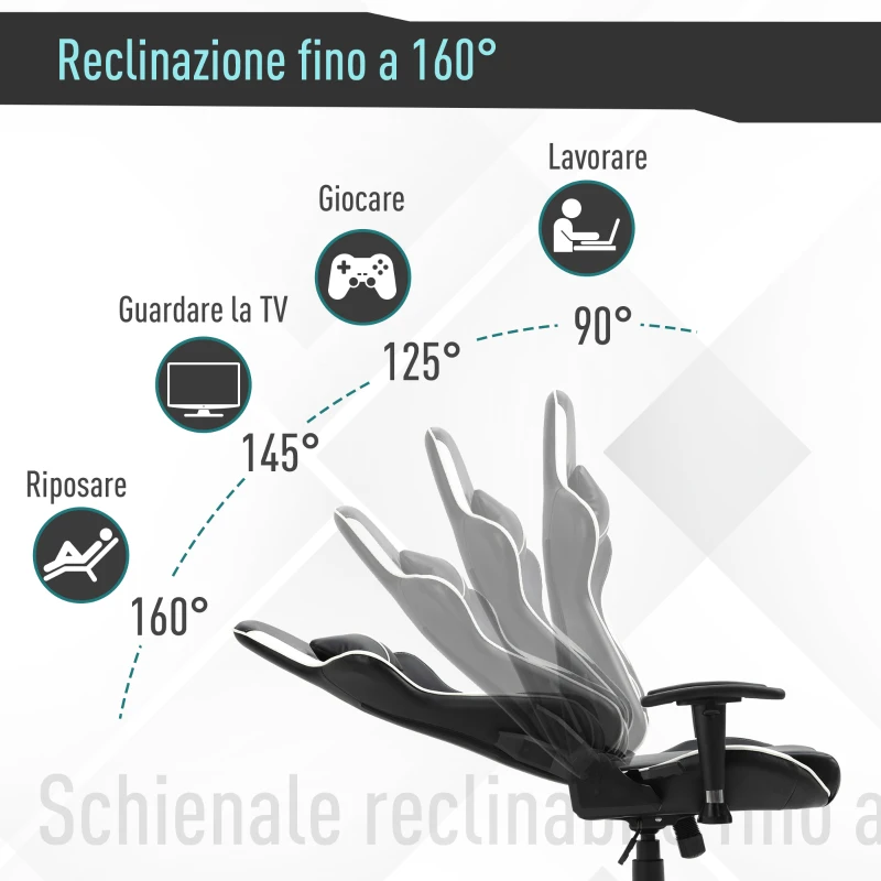 Vinsetto Poltrona da Gaming con Altezza Schienale Regolabile, Sedia Ufficio con Poggiatesta e Cuscino Lombare Nera e Bianca