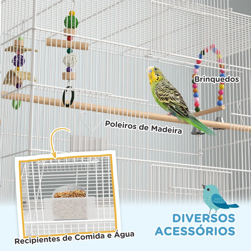 PawHut Gaiola para Pássaros com Rodas com 4 Comedouros 3 Poleiros Brinquedos Bandeja Amovível e Prateleira 79x49x133 cm Branco