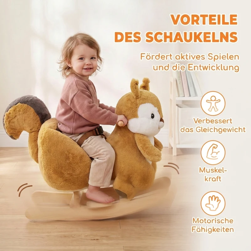 AIYAPLAY Schaukeltier im Eichhörnchen-Design Plüsch 58 cm mit Tiergeräuschen, Sicherheitsgurt und Stoppern 1–3 Jahre, Braun
