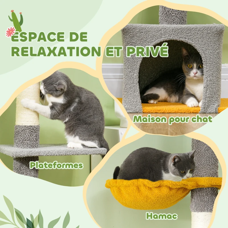 PawHut Arbre à chat, hauteur 275 cm, 6 niveaux pour chat d'intérieur, du sol au plafond, avec plate-formes, niche, gris clair