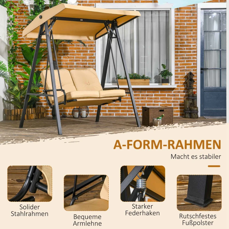 Outsunny Tuinschommel, 2-zits met verstelbaar dak, tot 220 kg belastbaar, 138 x 106 x 174 cm, Beige