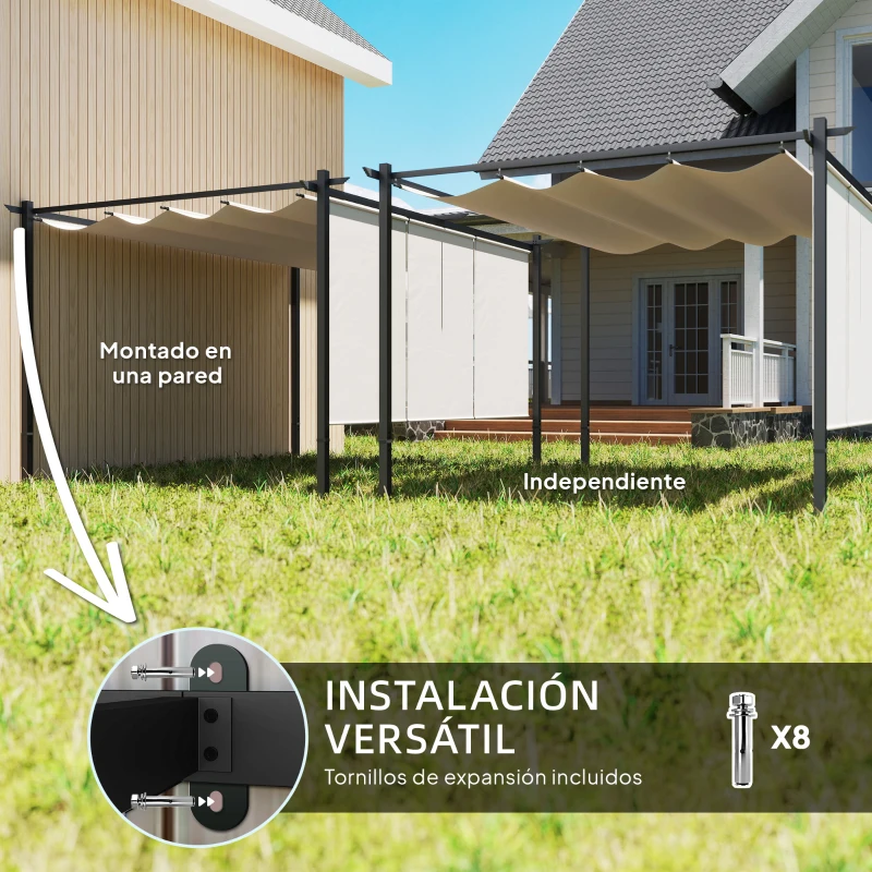 Outsunny Pérgola de Jardín 4x3 m con Techo Retráctil 3 Laterales Enrollables UPF30+ Cenador de Jardín para Patio Exterior Beige