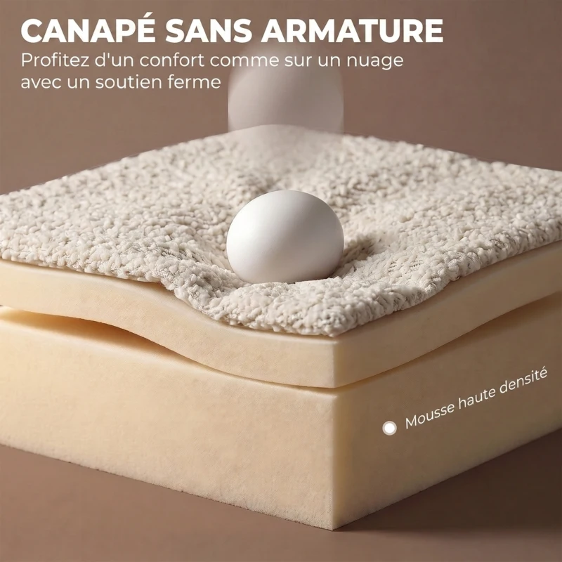 HOMCOM Canapé 3 Places Incurvé en Chenille 188 cm, Canapé Salon avec Assise Profonde, 6 Coussins, Rembourrage Épais, Crème