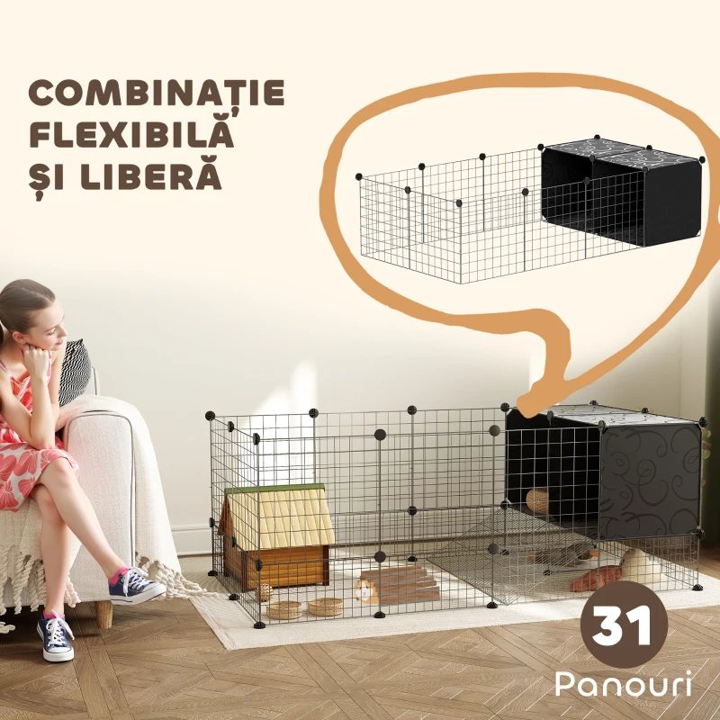 PawHut Cușcă pentru Animale Mici Modulară cu Căsuțe Ridicate pentru Porcușori de Guineea și Arici, Negru
