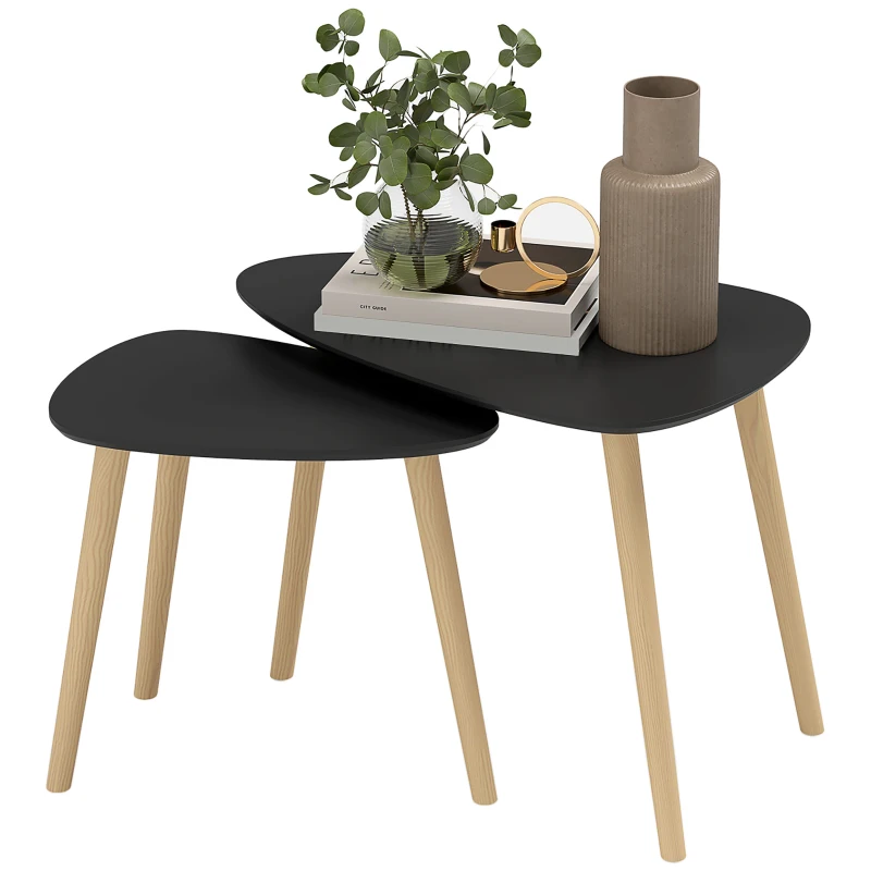 HOMCOM Conjunto de 2 Mesas Auxiliares com Pés de Madeira Mesas de Café 59,5x39,5x45 cm e 44,5x28,5x40 cm  Preto