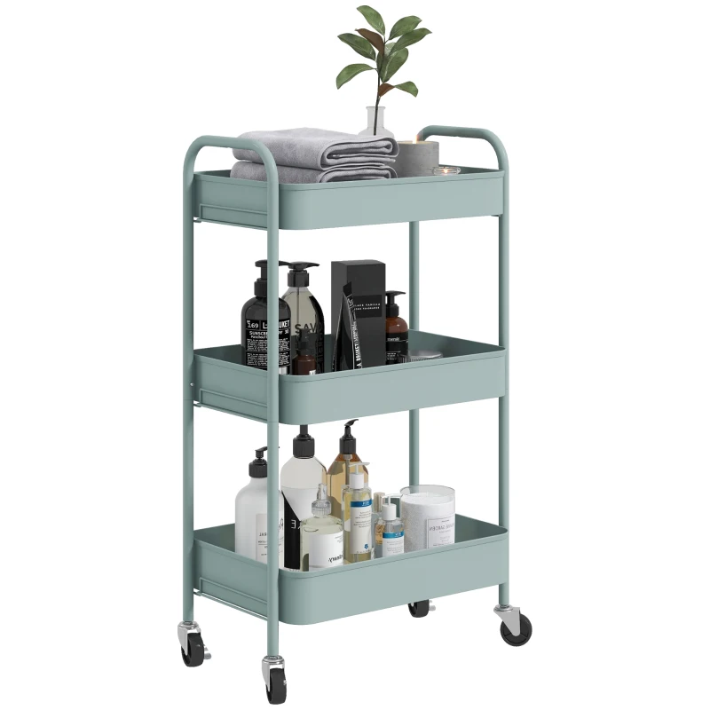 HOMCOM Multifunctionele Keukenkar, 3 Planken, 4 Wielen, 45 cm x 30,6 cm x 79 cm, Lichtblauw