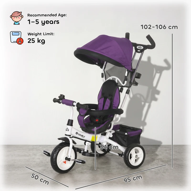 HOMCOM 6 in 1 Kids Trike Push Bike w/ Push Handle, Canopy, 5-point Seat Belt, Storage, Footrest, Brake, for 1-5 Years, Purple