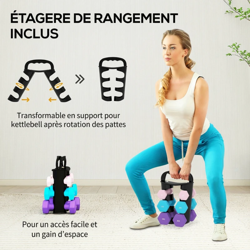 SPORTNOW Lot d'haltères hexagonaux, haltères musculation, 2 x 1 kg, 2 x 2 kg, 2 x 3 kg, avec support convertible d'haltères