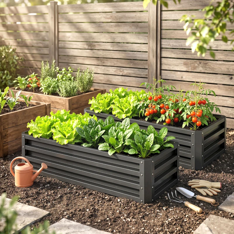 Outsunny Metalen Verhoogd Bed 2er-Set, Open Bodem, Voor Tuin Balkon, 110x50x30cm, Donkergrijs