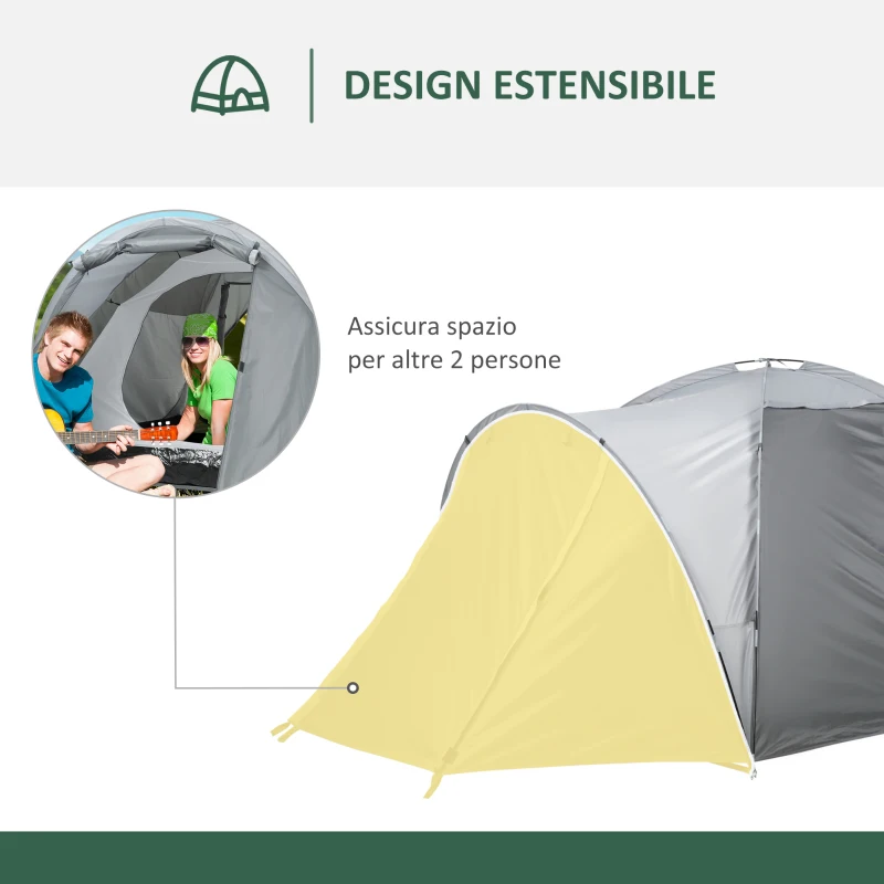 Outsunny Tenda da Campeggio a Cupola per 2 Persone Estensibile, 4 Porte e 3 Finestre, 350x220x145cm, Grigio